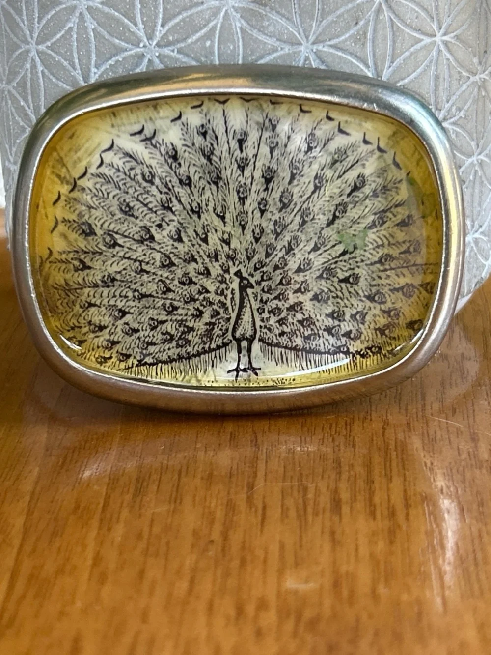 Vintage Peacock Motif Belt Buckle Yellow and Silver